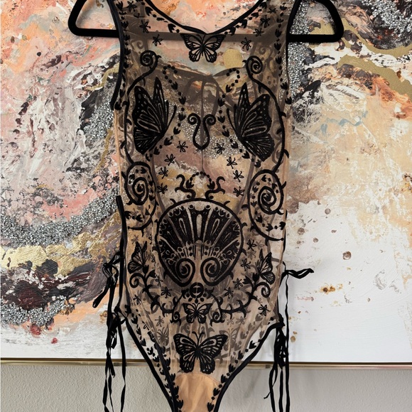 For Love And Lemons Tops - For Love & Lemons Karina Sheer Black Embroidered Butterfly Bodysuit
